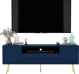 Meble Lindner Meble Lindner Loft Szafka RTV Granatowy Mat Nowoczesna Komoda RTV Glamour 150 cm Ryflowane fronty Nogi Złote Metalowe 2