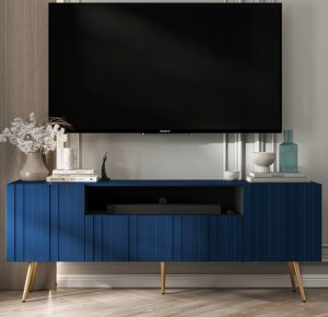 Meble Lindner Meble Lindner Loft Szafka RTV Granatowy Mat Nowoczesna Komoda RTV Glamour 150 cm Ryflowane fronty Nogi Złote Metalowe 3