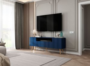 Meble Lindner Meble Lindner Loft Szafka RTV Granatowy Mat Nowoczesna Komoda RTV Glamour 150 cm Ryflowane fronty Nogi Złote Metalowe 5