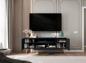 Meble Lindner Meble Lindner Loft Szafka RTV Granatowy Mat Nowoczesna Komoda RTV Glamour 150 cm Ryflowane fronty Nogi Złote Metalowe 6
