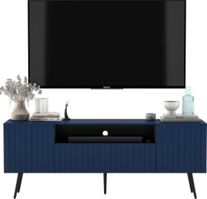 Meble Lindner Meble Lindner Loft Szafka RTV Granatowy Mat Nowoczesna Komoda RTV Glamour 150 cm Ryflowane fronty Nogi Złote Metalowe 9