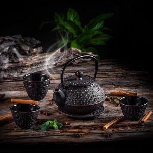 Kadax KADAX Czajnik Czarny 800ml Imbryk Żeliwny Do Herbaty Dzbanek + 4 Czarki 12