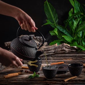 Kadax KADAX Czajnik Czarny 800ml Imbryk Żeliwny Do Herbaty Dzbanek + 4 Czarki 13