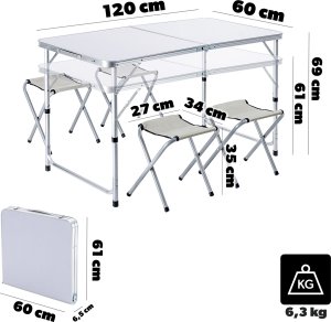 Kadax KADAX Zestaw Turystyczny Stół Składany 120cm + 4 Krzesła 5W1 Kempingowy Grill 2