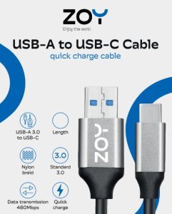 Kabel USB ZOY USB-A - USB-C 2 m Czarno-srebrny (ZCAC2) 4