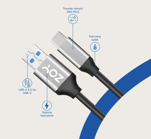 Kabel USB ZOY USB-A - USB-C 1 m Czarno-srebrny (ZCAC1) 3