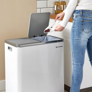 Kosz na śmieci Songmics Podwójny Kosz Na Śmieci, 2 X 30 L, Dwukomorowy Kosz Kuchenny Z 15 Workami Na Śmieci, Metalowy Kosz Z Pedałem, Plastikowymi Wewnę 11