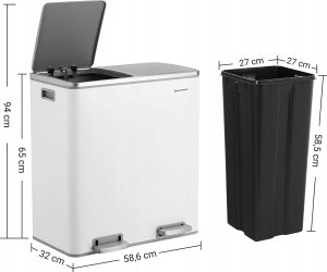 Kosz na śmieci Songmics Podwójny Kosz Na Śmieci, 2 X 30 L, Dwukomorowy Kosz Kuchenny Z 15 Workami Na Śmieci, Metalowy Kosz Z Pedałem, Plastikowymi Wewnę 2