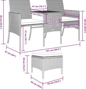 vidaXL 2-os. sofa ogrodowa ze stolikiem i stołkami, czarna, polirattan 10