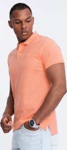 Ombre Męska koszulka polo jednokolorowa BASIC z dzianiny pique - brzoskwiniowa V19 OM-POBS-0100 M 1