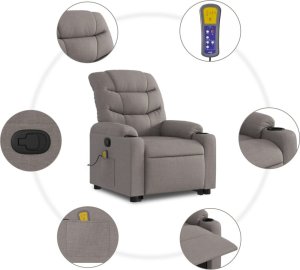 vidaXL Podnoszony fotel masujący, rozkładany, kolor taupe, tkanina 8