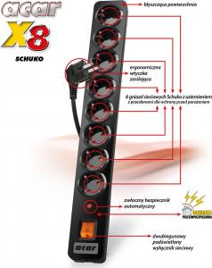 Listwa zasilająca Acar X8 przeciwprzepięciowa 8 gniazd 3 m czarna (W0213) 2