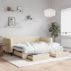 vidaXL vidaXL Sofa rozsuwana z szufladami, kremowa, 90x200 cm, tkanina 1