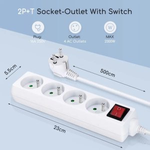 Aigostar  Listwa zasilająca na 4 gniazda typu francuskiego z przełącznikiem Listwa zasilająca na 4 gniazda typu francuskiego z przełącznikiem 8