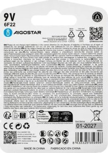 Aigostar  Bateria alkaliczna cynkowo-węglowa 6F22 9V 1 szt. Bateria alkaliczna cynkowo-węglowa 6F22 9V 1 szt. 5