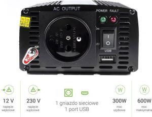 Przetwornica Green Cell 12V do 230V, 300W/600W (INV01) 6