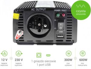 Przetwornica Green Cell 12V do 230V, 300W/600W Pełna Sinusoida (INV05) 2