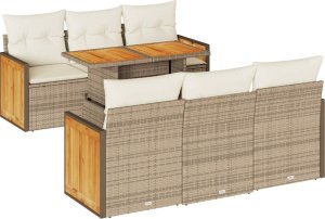 vidaXL 7-cz. zestaw mebli z poduszkami, beżowy, polirattan i akacja 2
