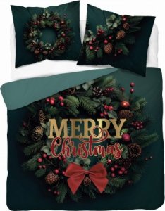 Detexpol  Komplet pościeli świątecznej z bawełny 220x200 wianek świąteczny merry christmas 1