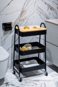 AWD Interior Regał na kółkach łazienkowy czarny 3 półki stal malowana + MDF 78,5x52 cm 2