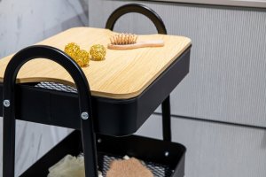 AWD Interior Regał na kółkach łazienkowy czarny 3 półki stal malowana + MDF 78,5x52 cm 3