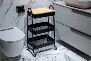 AWD Interior Regał na kółkach łazienkowy czarny 3 półki stal malowana + MDF 78,5x52 cm 4