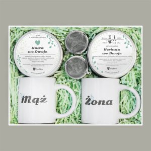 Cup&You Box dla Męża i Żony, zestaw prezentowy idealny na Wesele- elegancki zestaw z kawą i herbatą, 2x kubek, zaparzacz zaczep kulka,herbata i kawa 1