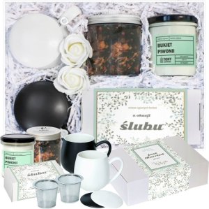 Cup&You Zestaw prezentowy Big Box ŚLubny- Zestaw herbat z okazji Ślubu: 20 saszetek - 20x 5g z herbatą o różnych smakach, Matowe kubki z zaparzaczem biały i czarny, świeca sojowa bukiet piwonii, herbata 3