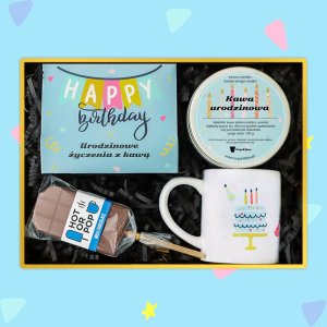 Cup&You Box urodzinowy z kawą: idealny podarunek pełny smaku i aromatu który zawiera; kawę urodzinową, lizaka z mlecznej czekolady oraz kubek urodzinowy 1