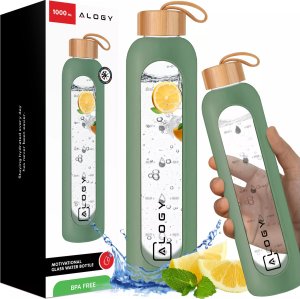 Alogy Butelka szklana duża bidon na napoje do picia Alogy Miarka motywacyjna 1l 1000ml etui silikonowe Oliwkowa 1