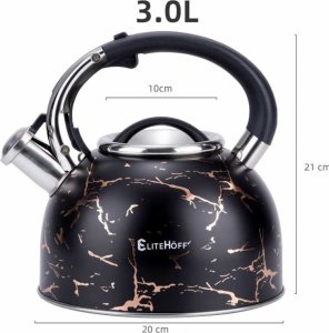 Elitehoff Czajnik tradycyjny stalowy 3 L czarny marmur z gwizdkiem indukcja gaz Elitehof E 5155 5