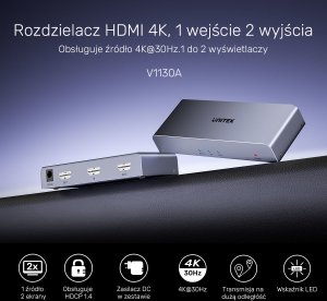 Unitek Rozgałęźnik sygnału HDMI 1 IN-2 OUT 4K 8