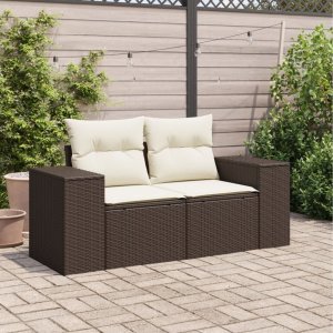 vidaXL Sofa ogrodowa z poduszkami, 2-osobowa, brązowa, polirattan 3