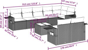 vidaXL 9-cz. zestaw mebli ogrodowych z poduszkami, brązowy, polirattan 9