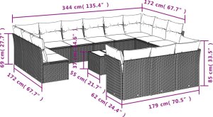 vidaXL 14-cz. zestaw mebli ogrodowych z poduszkami, brązowy polirattan 3