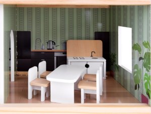 Jokomisiada Domek drewniany dla lalek + basen winda mebelki światło LED ZA4835 8