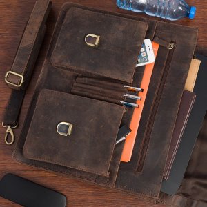 Beltimore Skórzana aktówka męska elegancka teczka na dokumenty brązowa skóra nubuk Beltimore J22 3