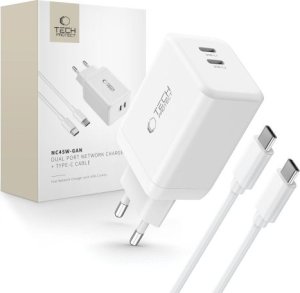 Ładowarka Tech-Protect TECH-PROTECT NC45W-GAN 2-PORT NETWORK CHARGER PD45W + TYPE-C CABLE WHITE 1
