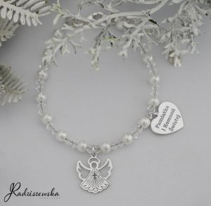 Radziszewska Jewellery Bransoletka na KOMUNIĘ Aniołek Serce z GRAWEREM SREBRO 925 Perły Kryształy 3