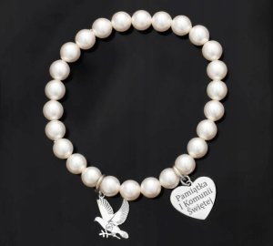Radziszewska Jewellery Bransoletka Uniwersalna Gołąb Serce z Grawerem Perły Prezent na Komunię 2