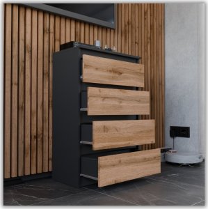 Stiv-Meble KOMODA Z SZUFLADAMI CZARNA DĄB WOTAN 60CM POJEMNA SZAFKA RTV 4SZUFLADY LOFT 4