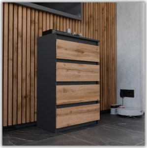 Stiv-Meble KOMODA Z SZUFLADAMI CZARNA DĄB WOTAN 60CM POJEMNA SZAFKA RTV 4SZUFLADY LOFT 5