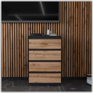 Stiv-Meble KOMODA Z SZUFLADAMI CZARNA DĄB WOTAN 60CM POJEMNA SZAFKA RTV 4SZUFLADY LOFT 7