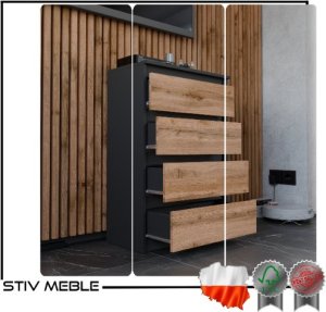 Stiv-Meble KOMODA Z SZUFLADAMI CZARNA DĄB WOTAN 60CM POJEMNA SZAFKA RTV 4SZUFLADY LOFT 8
