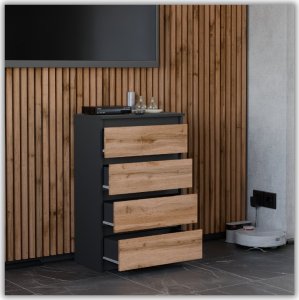 Stiv-Meble KOMODA Z SZUFLADAMI CZARNA DĄB WOTAN 60CM POJEMNA SZAFKA RTV 4SZUFLADY LOFT 10