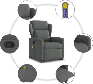 vidaXL vidaXL Podnoszony fotel masujący, rozkładany, ciemnoszary, tkanina 9