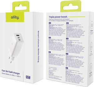 Ładowarka Allity Allity ładowarka sieciowa GaN PD QC ATC-01-65WACC 2x USB-C 1x USB-A 65W biała 9