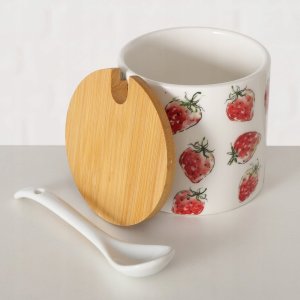 Boltze Ceramiczny pojemnik z łyżką i bambusową pokrywą, STRAWBERRY 2