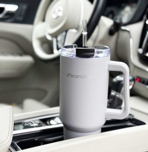 Kamille STALOWY KUBEK TERMICZNY TERMOS 1200ml Z RĄCZKĄ I SŁOMKĄ KM-2173 3