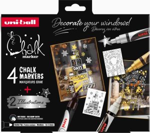 Usorteret Uni Kreidemarker-Set Święta mit 4-tlg. PWE-5M (Kolory Biały, Czarny, Złoty, Srebrny) + 2 arkusze ilustracyjne 2